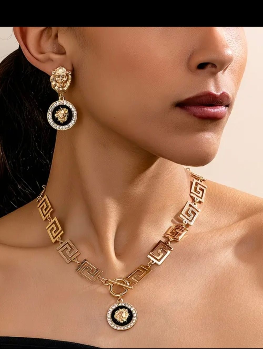 Designer Inspired Black & Gold Lion Toggle necklace & Earrings Set